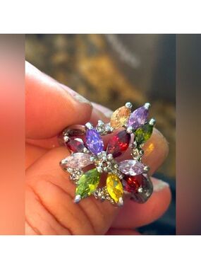 Multicolour Glass Flower Ring Size 7.75 Red Green Yellow Purple Cocktail Ring